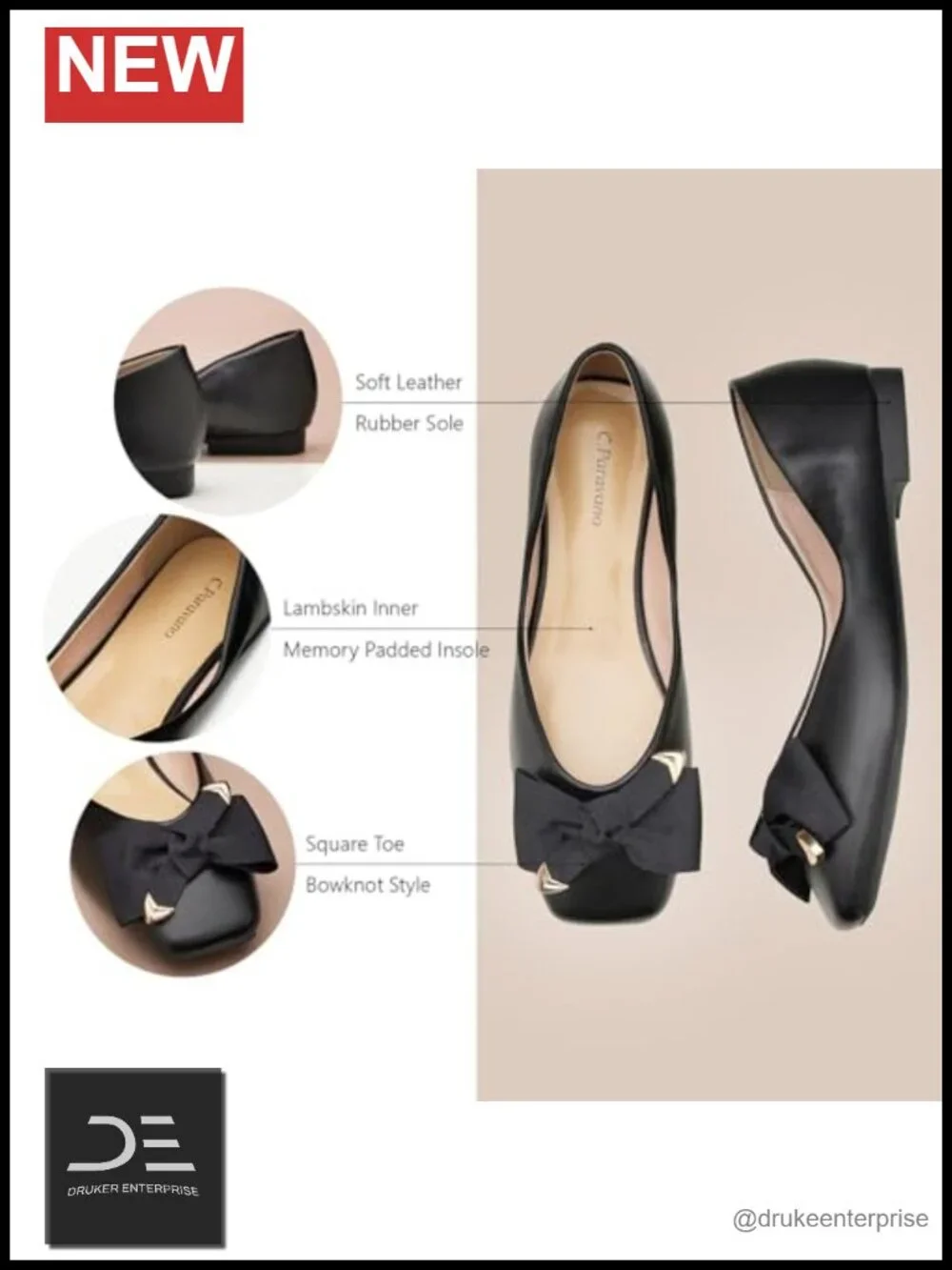 Women's Square Toe Ballet Flats with Bow - Lambskin Leather Lining, Memory Foam